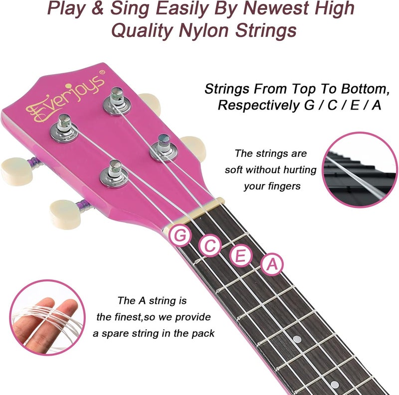 Everjoys Soprano Ukulele Beginner Kit for Adult Student w/Free Online Lesson 21 Inch Ukelele Gig Bag Strap String Tuner Pick Polishing Cloth, Rainbow Series Ukalalee - Image 3